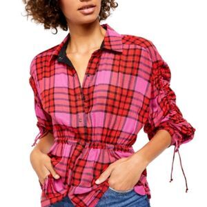 Free PEOPLE Pacific Dawn Plaid Red Combo button Up Wool Blend Top